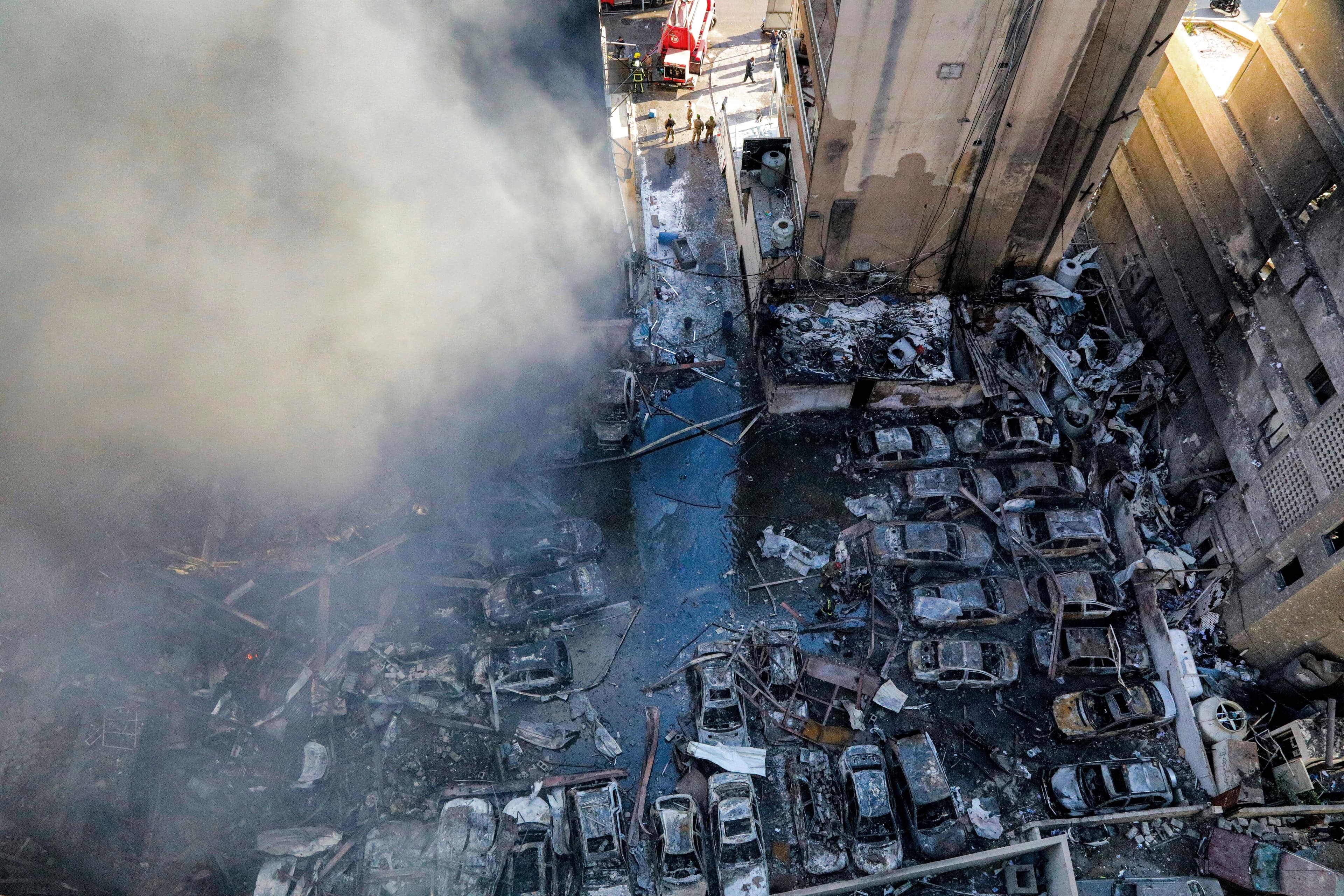 Firefighters attempt to extinguish a fire following an Israeli strike at the Corniche al-Mazraa neighbourhood of Beirut on April 8, 2026. Photo: AFP