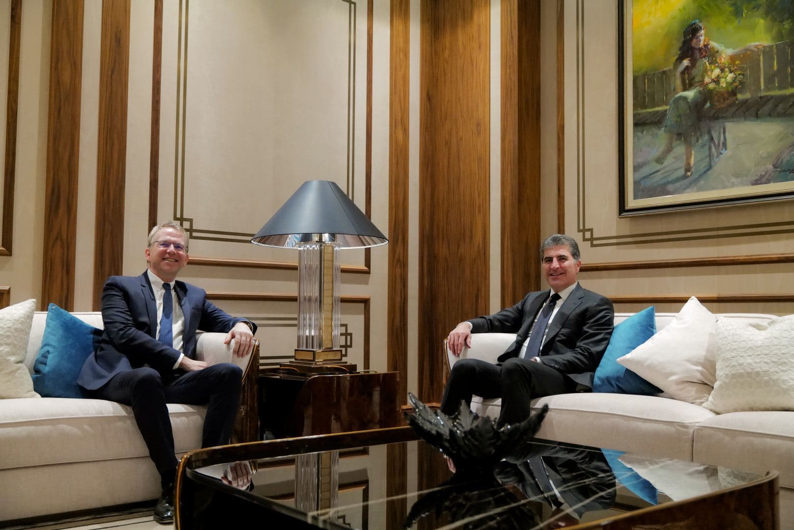 Kurdistan Region President Nechirvan Barzani (right) in a meeting with France's Ambassador to Iraq Patrick Dorrel in Erbil on Wednesday, April 15, 2026. Photo: Kurdistan Region Presidency