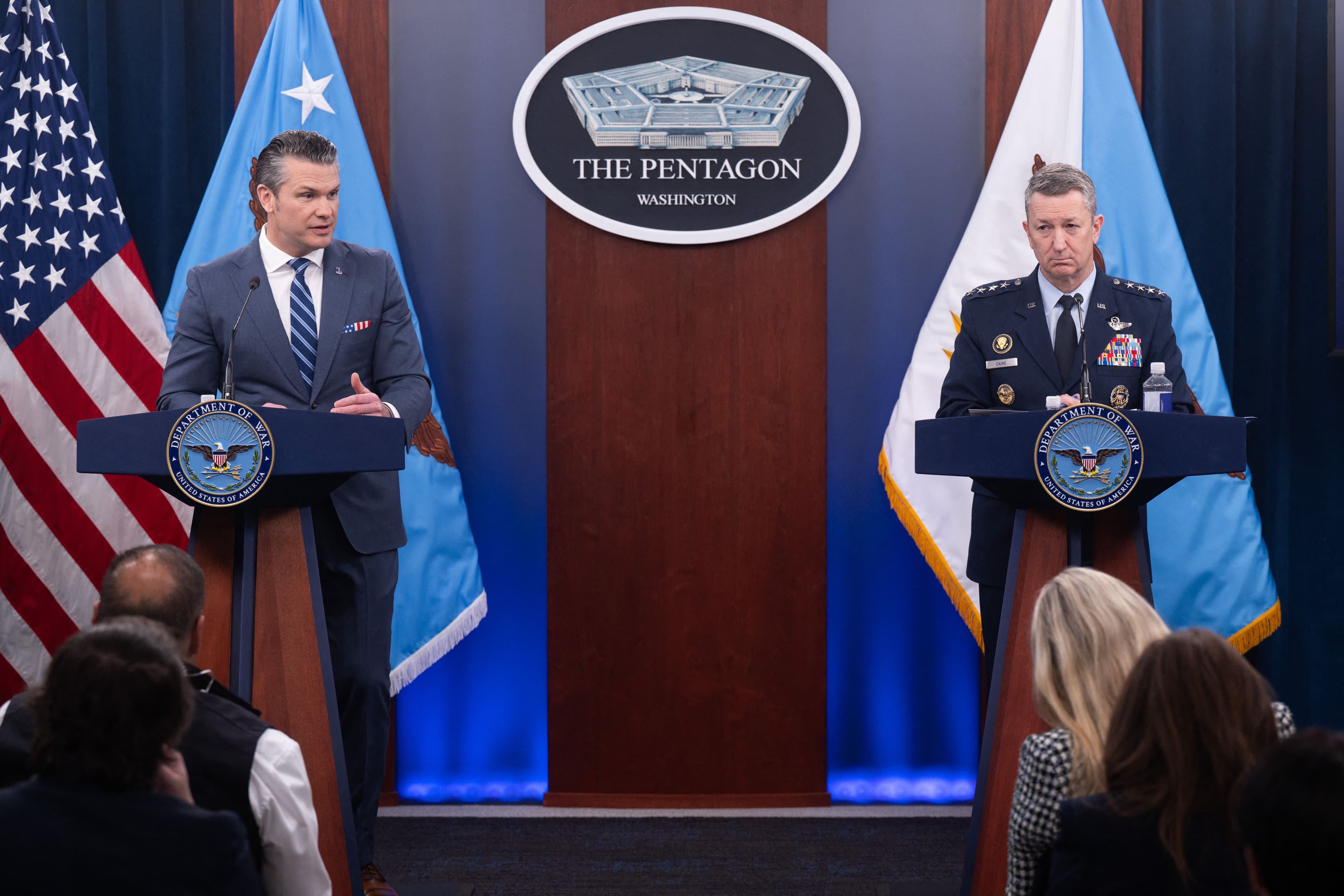 US Secretary of Defense Pete Hegseth speaks alongside Chairman of the Joint Chiefs of Staff General Dan Caine during a press briefing at the Pentagon. Photo: AFP