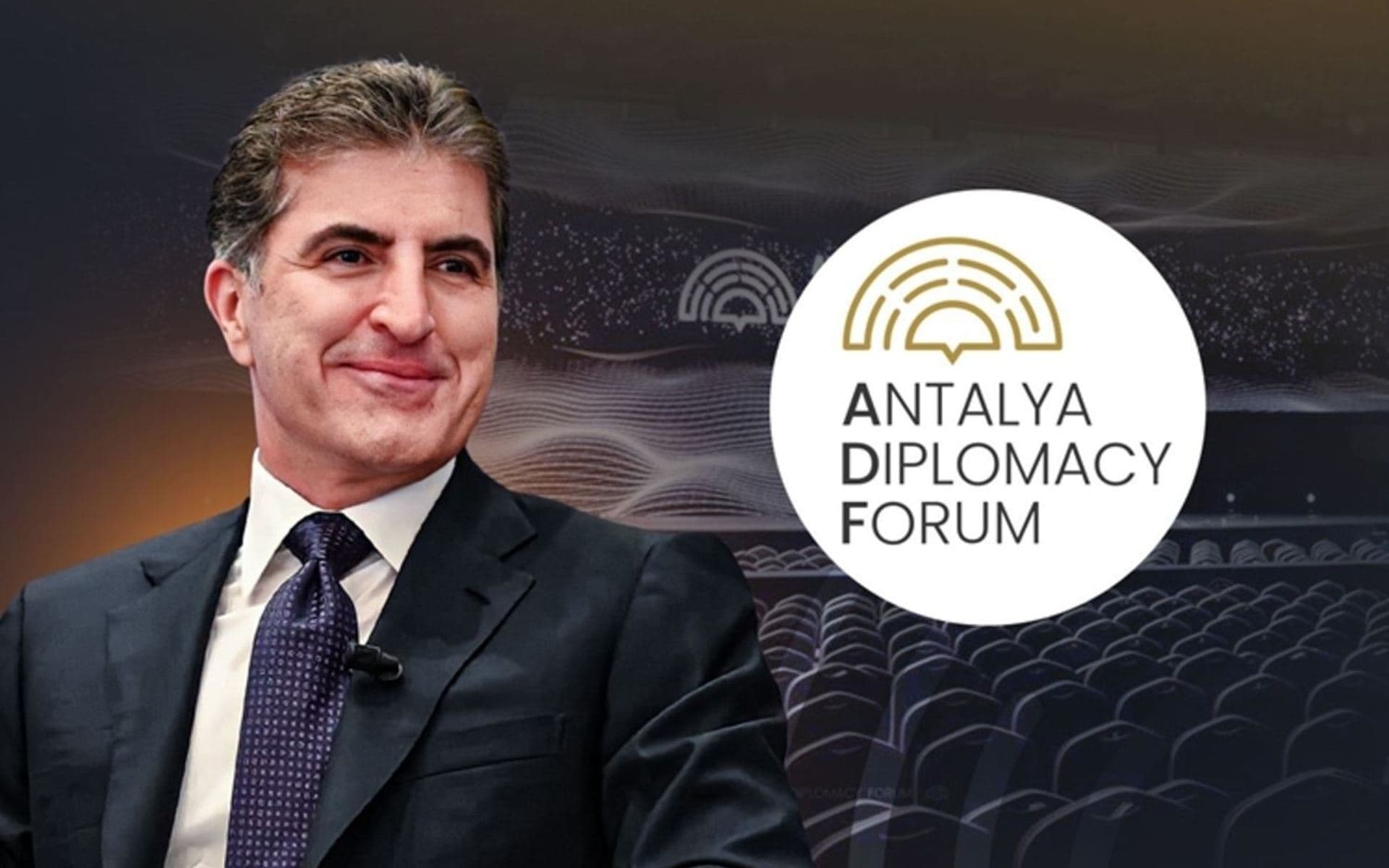 Kurdistan Region President Nechirvan Barzani, and the logo of the Antalya Diplomacy Forum. Graphic: Rudaw