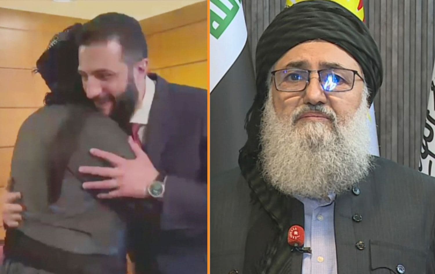 From left: Irfan Ali Abdulaziz, leader of the Islamic Movement in Kurdistan (IMK), embraces Syrian President Ahmed al-Sharaa during a meeting on the sidelines of the Antalya Diplomacy Forum, and Abdulaziz during an interview with Rudaw’s Sangar Abdulrahman on Wednesday, April 22, 2026. Composite photo: Rudaw
