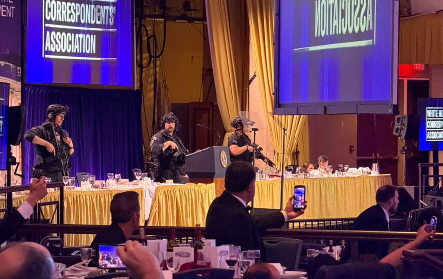 Security personnel on guard at the stage where US President Donald Trump was rushed off following a shooting at the lobby of the White House Correspondents' Association dinner in Washington, DC on April 26, 2026. Photo: Diyar Kurda / Rudaw