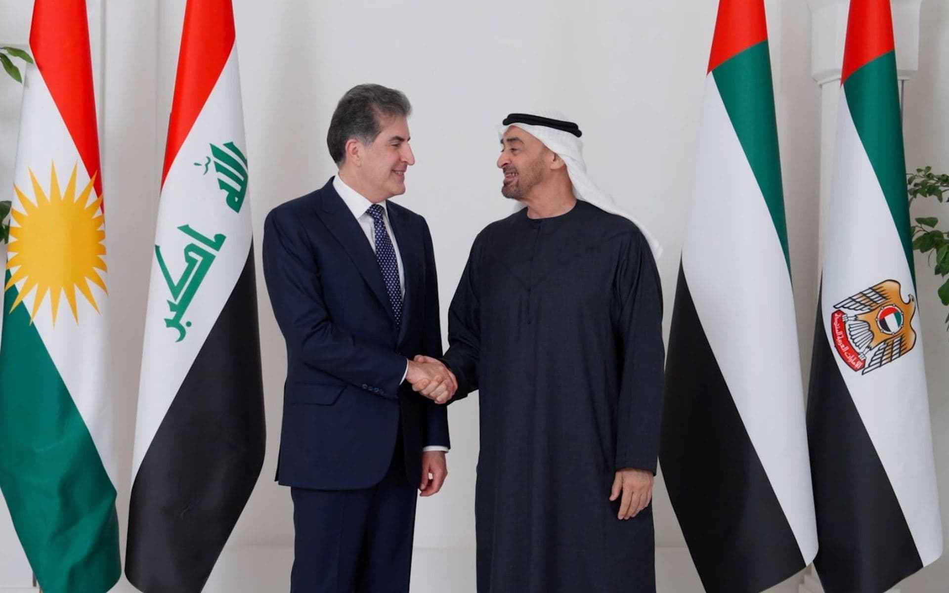 Kurdistan Region President Nechirvan Barzani (left) shakes hands with Sheikh Mohammed bin Zayed Al Nahyan, President of the United Arab Emirates, in Abu Dhabi on April 30, 2026. Photo: KRI Presidency
