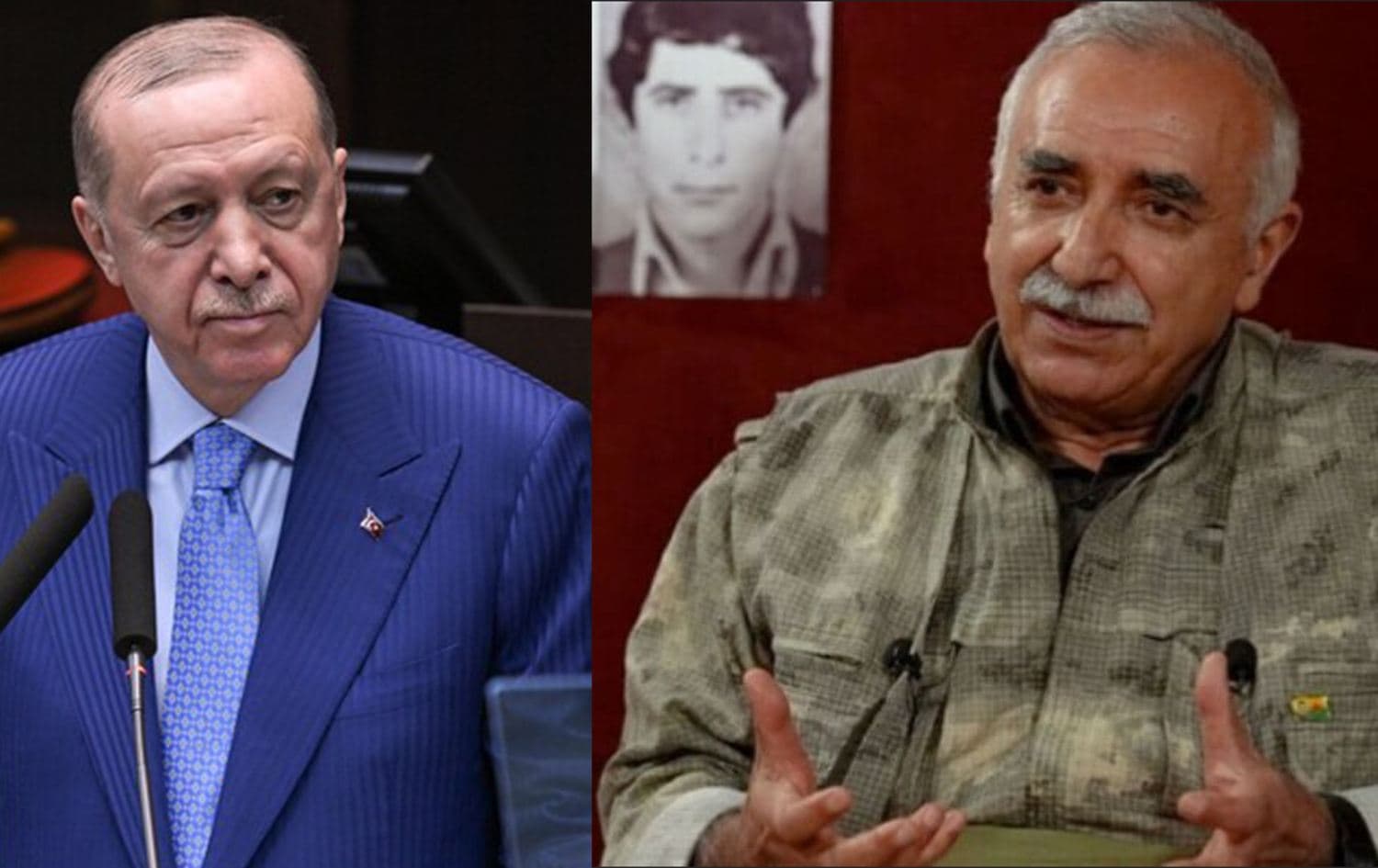 Turkish President Recep Tayyip Erdogan (left) and PKK commander Murat Karayilan (right).