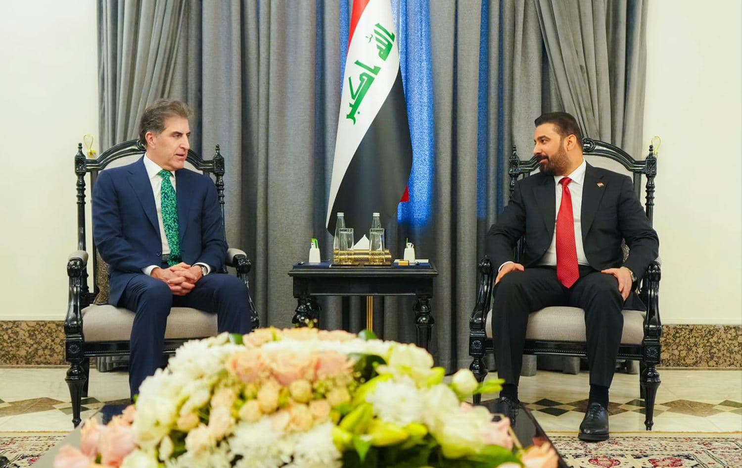 Kurdistan Region President Nechirvan Barzani (left) and Iraqi Prime Minister-designate Ali al-Zaidi (right) in Baghdad on May 4, 2026.