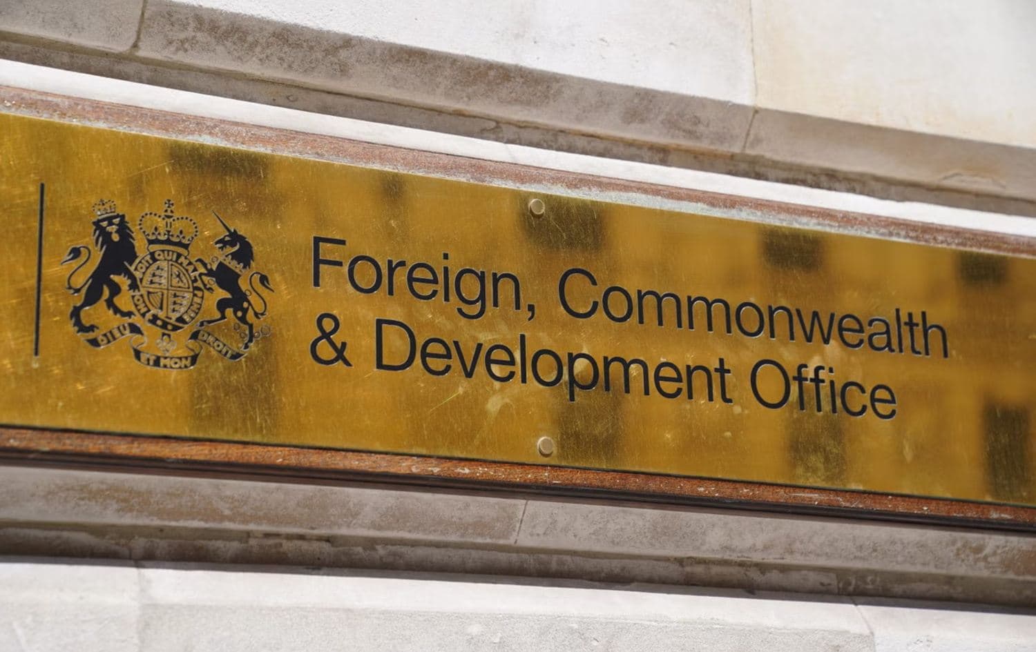 Plaque of the UK Government’s Foreign, Commonwealth and Development Office (FCDO). File photo: AP.