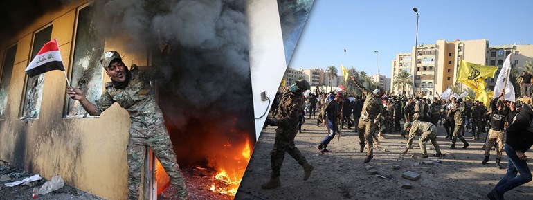 پەیامنێری رووداو لەبەغدا: لایەنگرانی حەشدی شەعبی بەشێک لە دیواری باڵیۆزخانەکەیان سووتاند