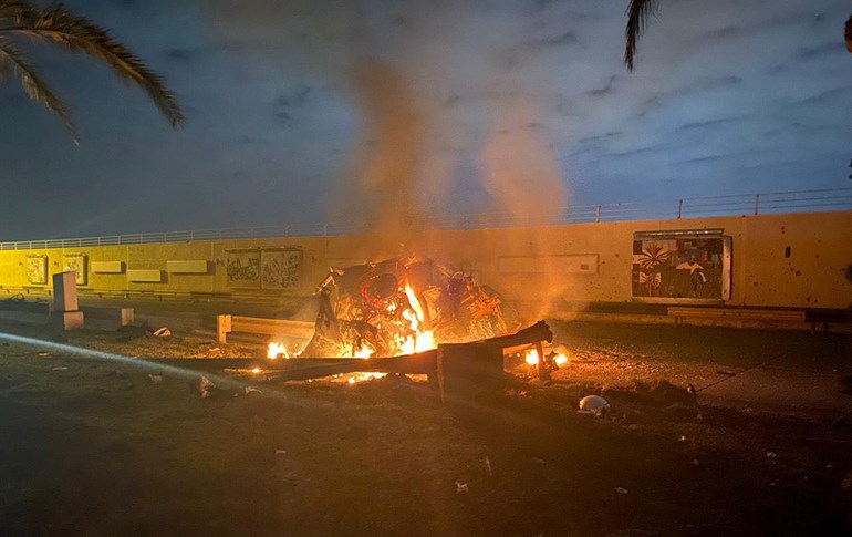 A vehicle burns after being struck by a rocket near Baghdad’s airport early morning January 3, 2020. Photo: Iraq Security Media Cell