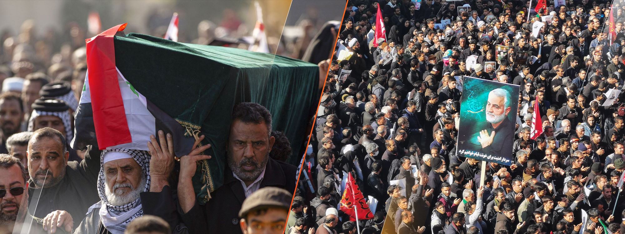 تەرمی قاسم سولەیمانی لە کرمان و تەرمی ئەبومەهدی موهەندیس لە بەسرە، وێنە؛ AFP