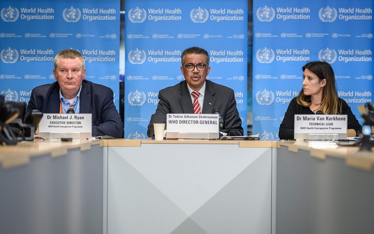 World Health Organization (WHO) daily press briefing on COVID-19 virus at the WHO headquarters on March 11, 2020 in Geneva. Photo: Fabrice Coffrini / AFP