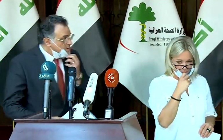 Dr Adham Rashad Ismail Abdel Moneim (left) and Jeanine Hennis-Plasschaert (right) at a press conference in Baghdad on March 22, 2020. Photo: Rudaw 