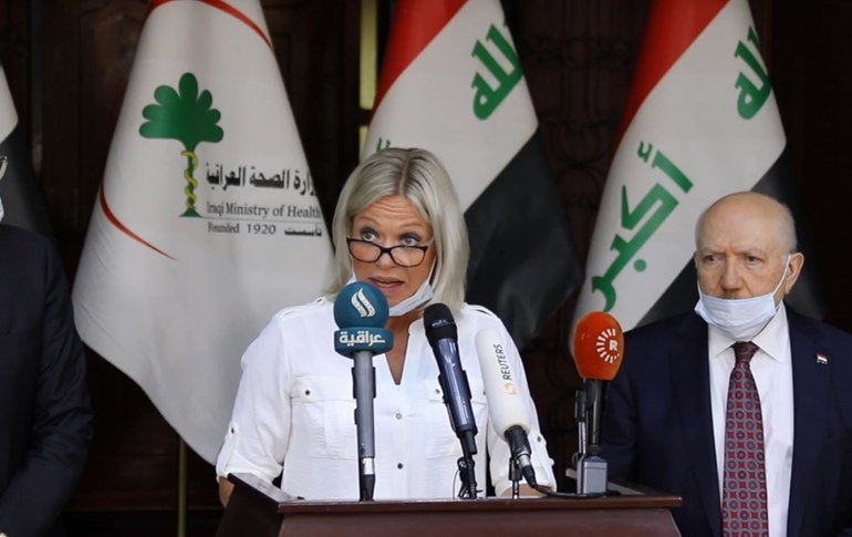 Jeanine Hennis-Plasschaert (L) gives a press conference in Baghdad, March 22, 2020. Photo: UNAMI 