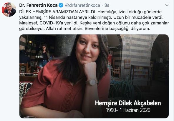 Fahrettin Koca'dan Dilek hemşire paylaşımı: Maalesef Covid-19'a yenildi