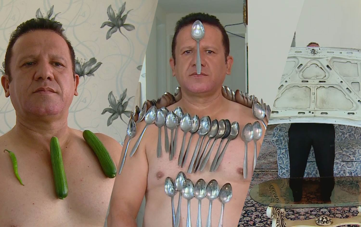 ڤیدیۆ؛ پیاوێکی ئێرانی بۆنیدی ئۆتۆمبێل و خەیار بە جەستەیەوە دەلکێن