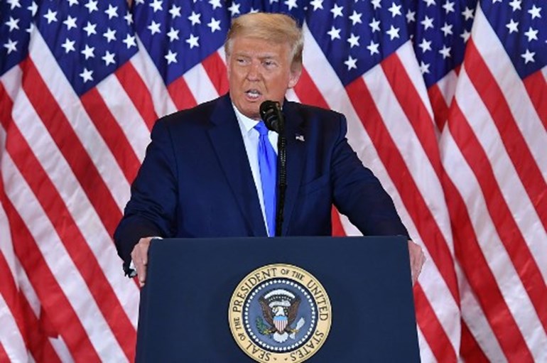 US President Donald Trump speaks during election night in the East Room of the White House in Washington, DC, early on November 4, 2020. MANDEL NGAN / AFP