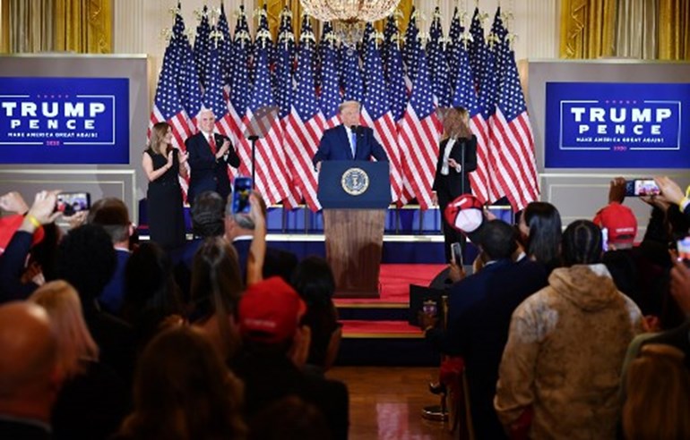 US President Donald Trump speaks during election night in the East Room of the White House in Washington, DC, early on November 4, 2020. MANDEL NGAN / AFP