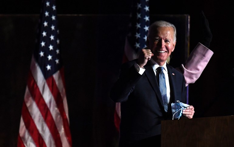 Democratic presidential nominee Joe Biden addresses supporters during election night at the Chase Center in Wilmington, Delaware, early on November 4, 2020. Photo: AFP