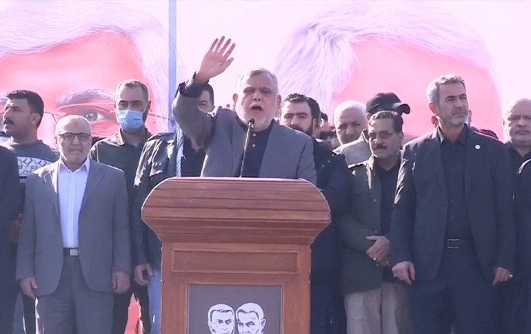 Hadi al-Amiri speaks to a crowd of thousands in Baghdad’s Tahrir Square on January 3, 2020. Photo: Rudaw