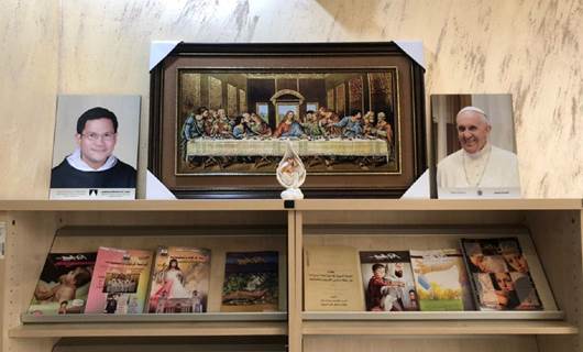 A photo of Pope Francis on display at the Dominican Order monastery in Ainkawa, Erbil on March 2, 2021. Photo: Holly Johnston / Rudaw