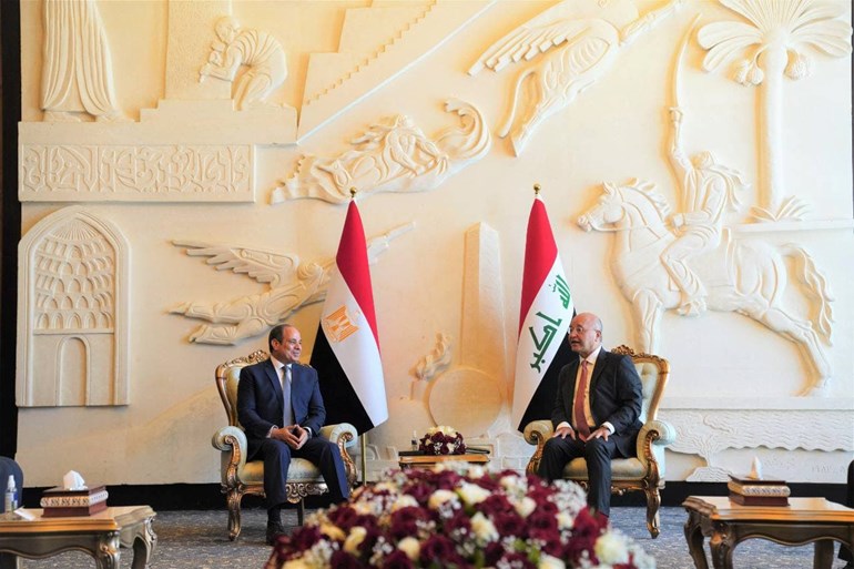 جانب من اللقاء الثنائي بين الرئيس العراقي ونظيره المصري