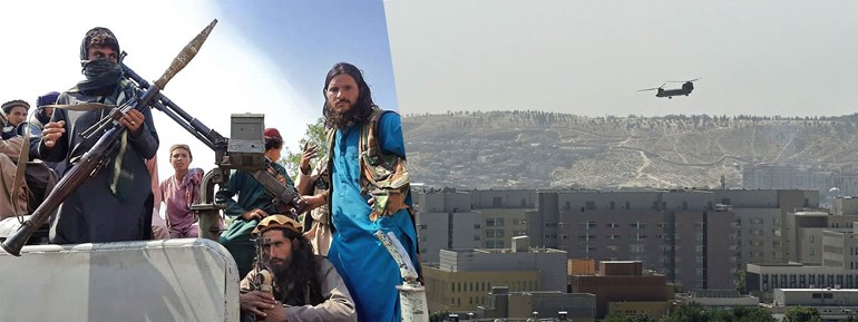 فڕۆکەیەکی ئەمریکا لەسەر باڵیۆزخانەی وڵاتەکەی لە کابوول دەفڕێت و چەند چەکدارێکی تاڵیبان. وێنە: AFP