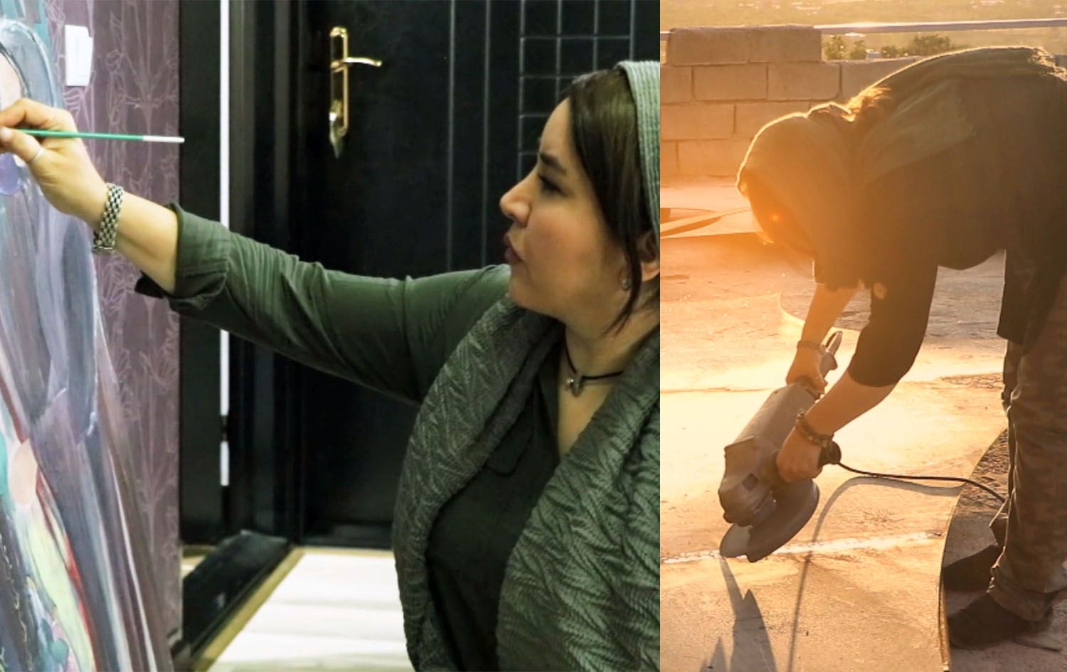 ژنێک لە بانە بە لەحیم نووسین دەنەخشێنێت