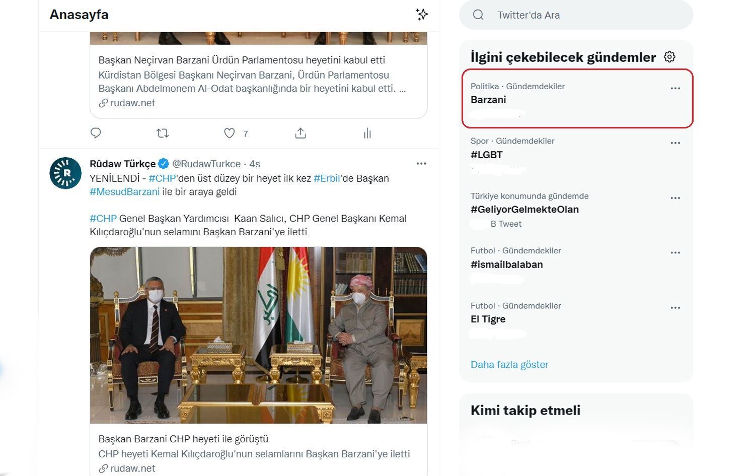 Piştî serdana CHPê bo Kurdistanê peyva 'Barzanî' li Tirkiyê bû Trend