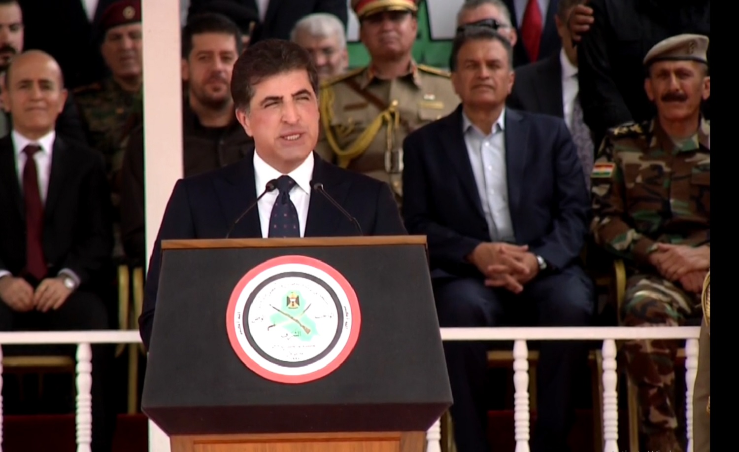  Serokê Herêma Kurdistanê Nêçîrvan Barzanî di merasîma derçûyên dewreya 16emîn a Koleja Serbazî ya Qelaçolan a Silêmaniyê de axivî