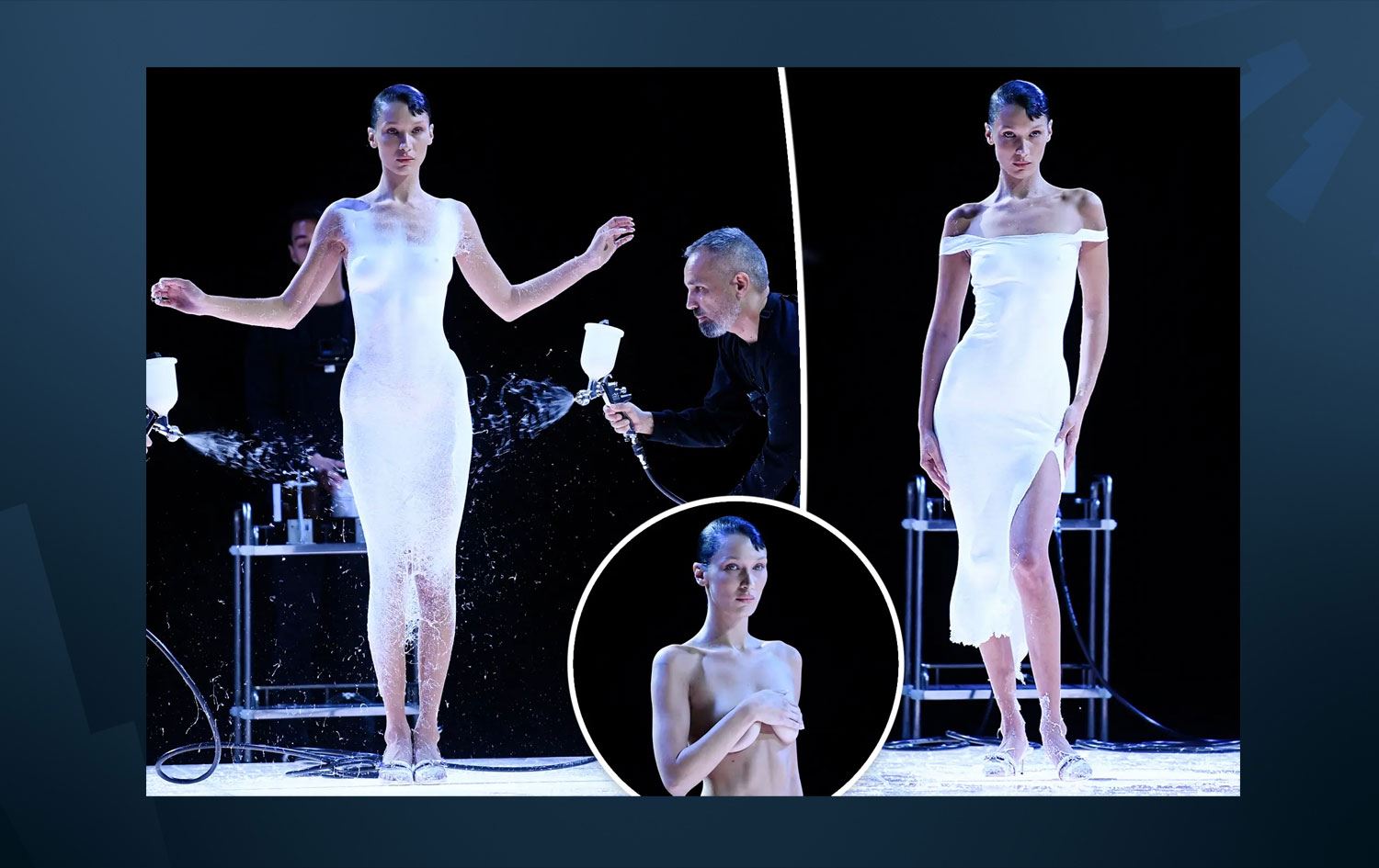 Podyuma çıplak çıkan Bella Hadid'e spreyle elbise yapıldı