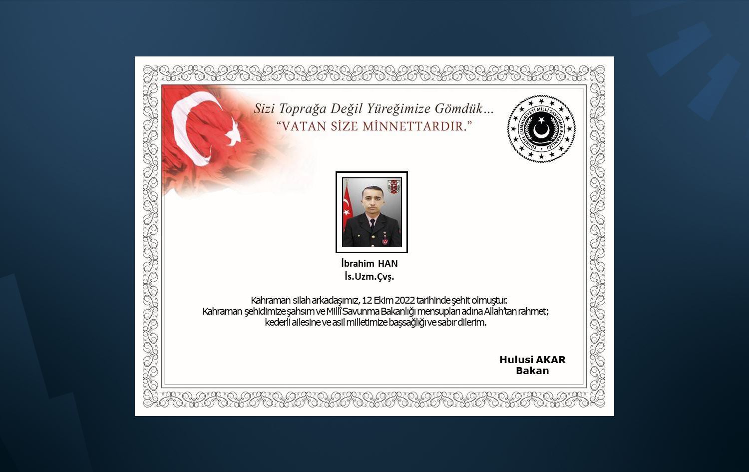 Wezareta Berevaniya Tirkiyê kuştina leşkerekî xwe ragihand