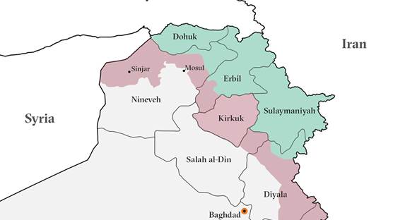 Nexşeya Herêma Kurdistanê û navçeyên nakok. Wêne: The New Humanitarian