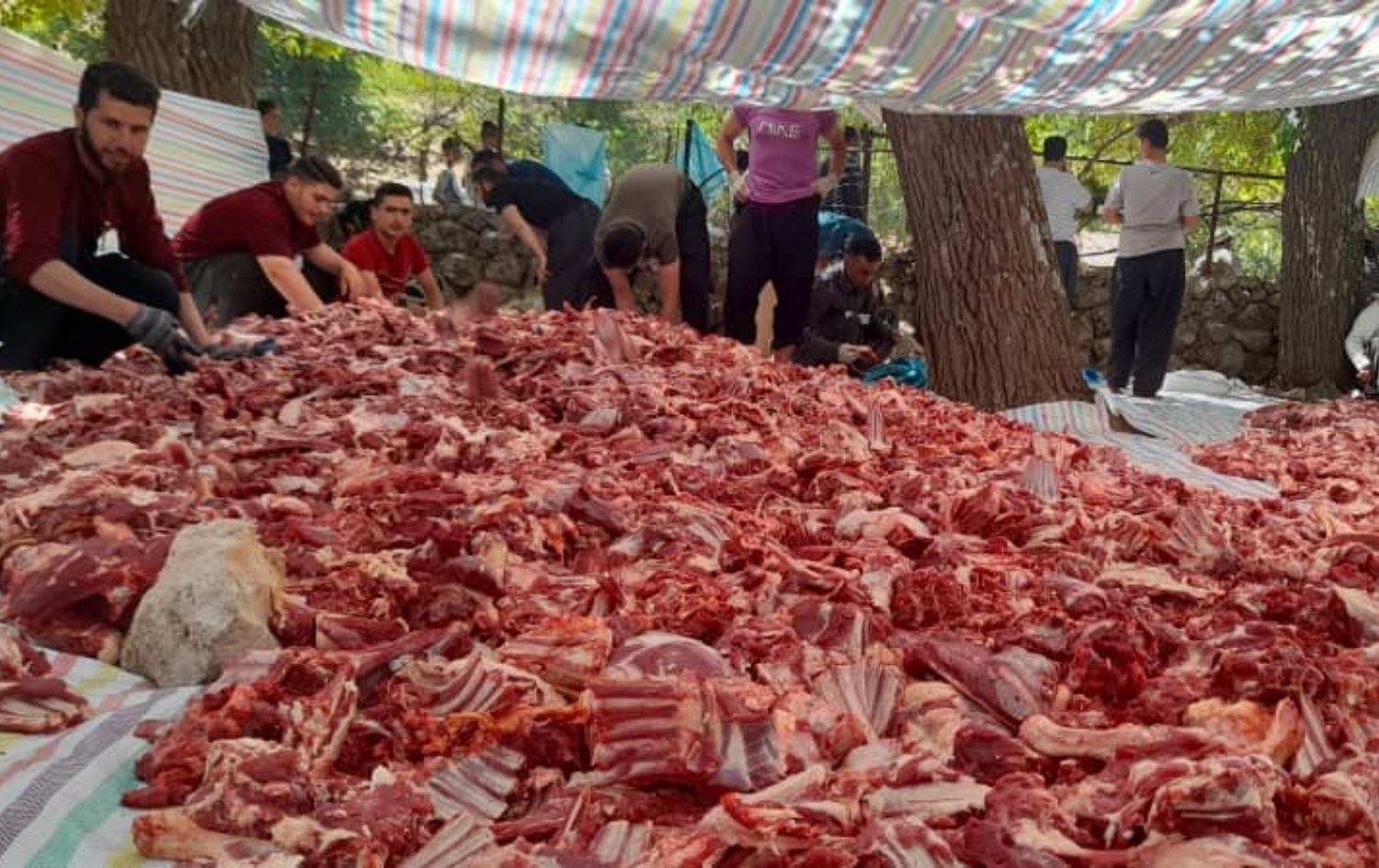 دیمەنێکی گۆشتی قوربانی لەکاتی ئامادەکردنی بۆ دابەشکردن لە ناحیەی بانەوەر