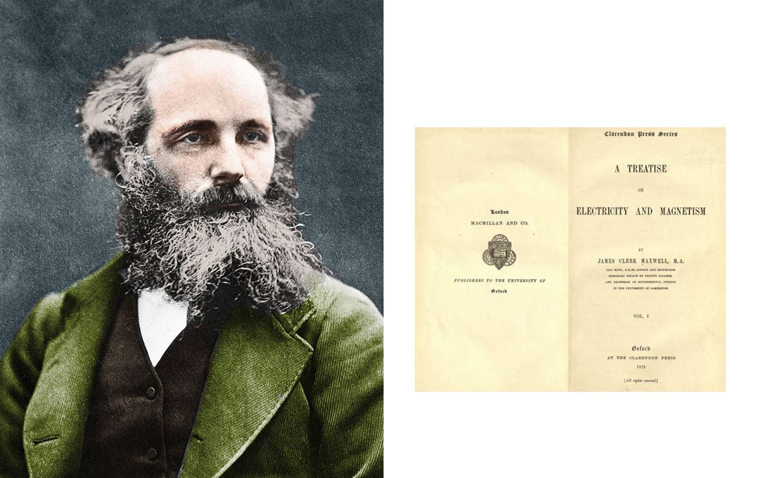 James Clerk Maxwell ve "Elektrik Üzerine Bir İnceleme" adlı kitabının ön kapak fotoğrafı
