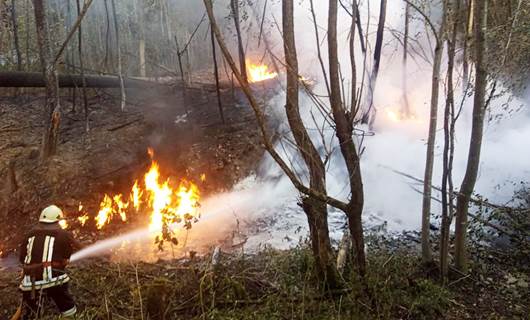 قوات طوارئ تحاول اخماد الحريق في قرية ستريمبا - الصورة/ AFP