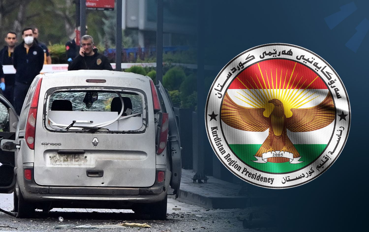 لۆگۆی سەرۆکایەتیی هەرێمی کوردستان و شوێنی هێرشەکە. 