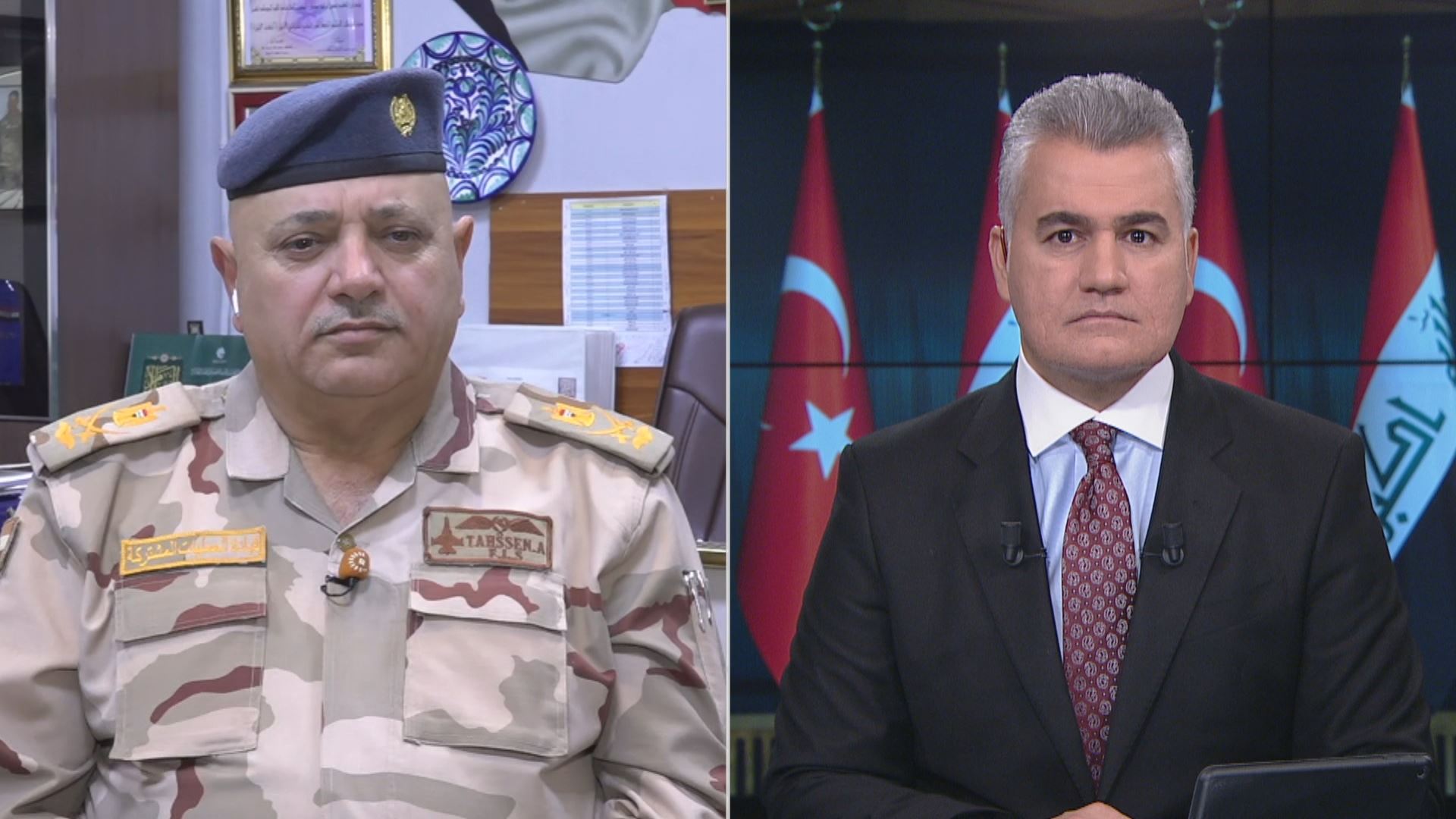 لیوا تەحسین خەفاجی، گوتەبێژی فەرماندەیی ئۆپەراسیۆنە هاوبەشەکانی عێراق و سەنگەر عەبدولرەحمان، پێشکێشکاری رووداو. 