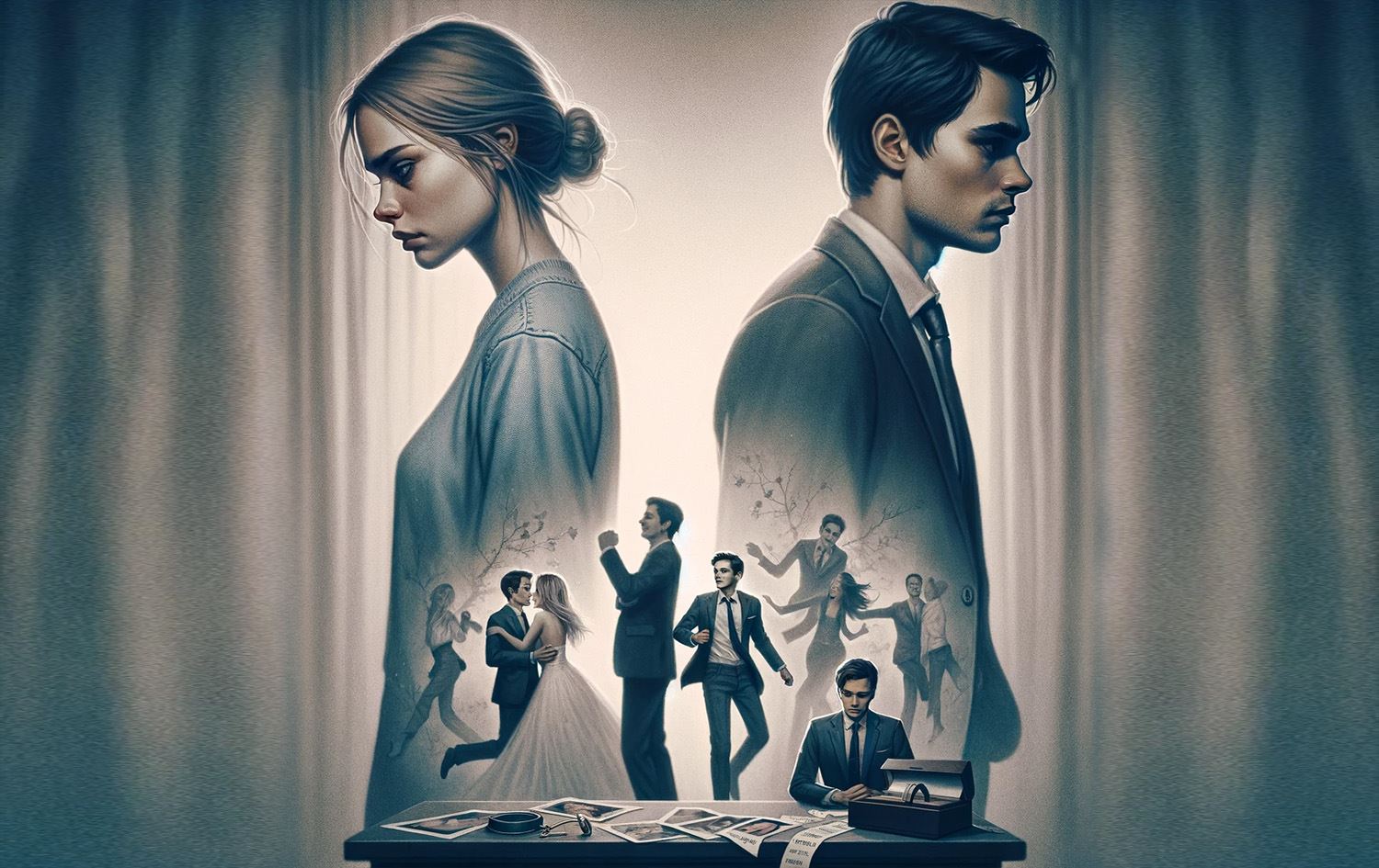 وێنەی ژن و پیاوێک بۆ نیشاندانی چیرۆکەکە، کە بە AI دروستکراوە