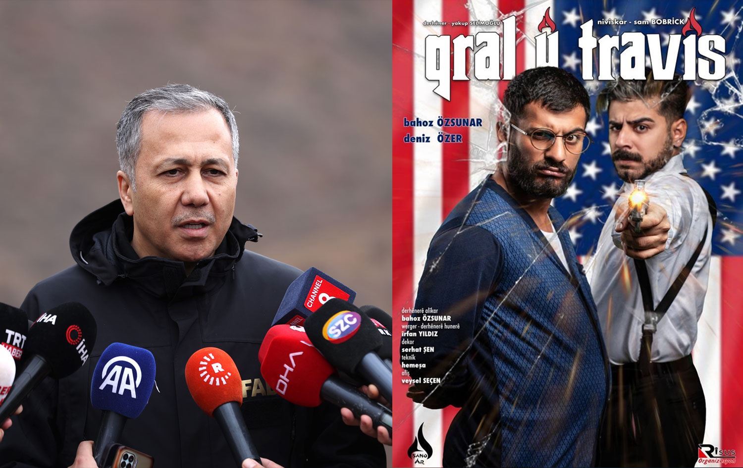 Alî Yerlîkaya û Afîşa Qral û Travîsê / Wêne: Rûdaw Grafîk