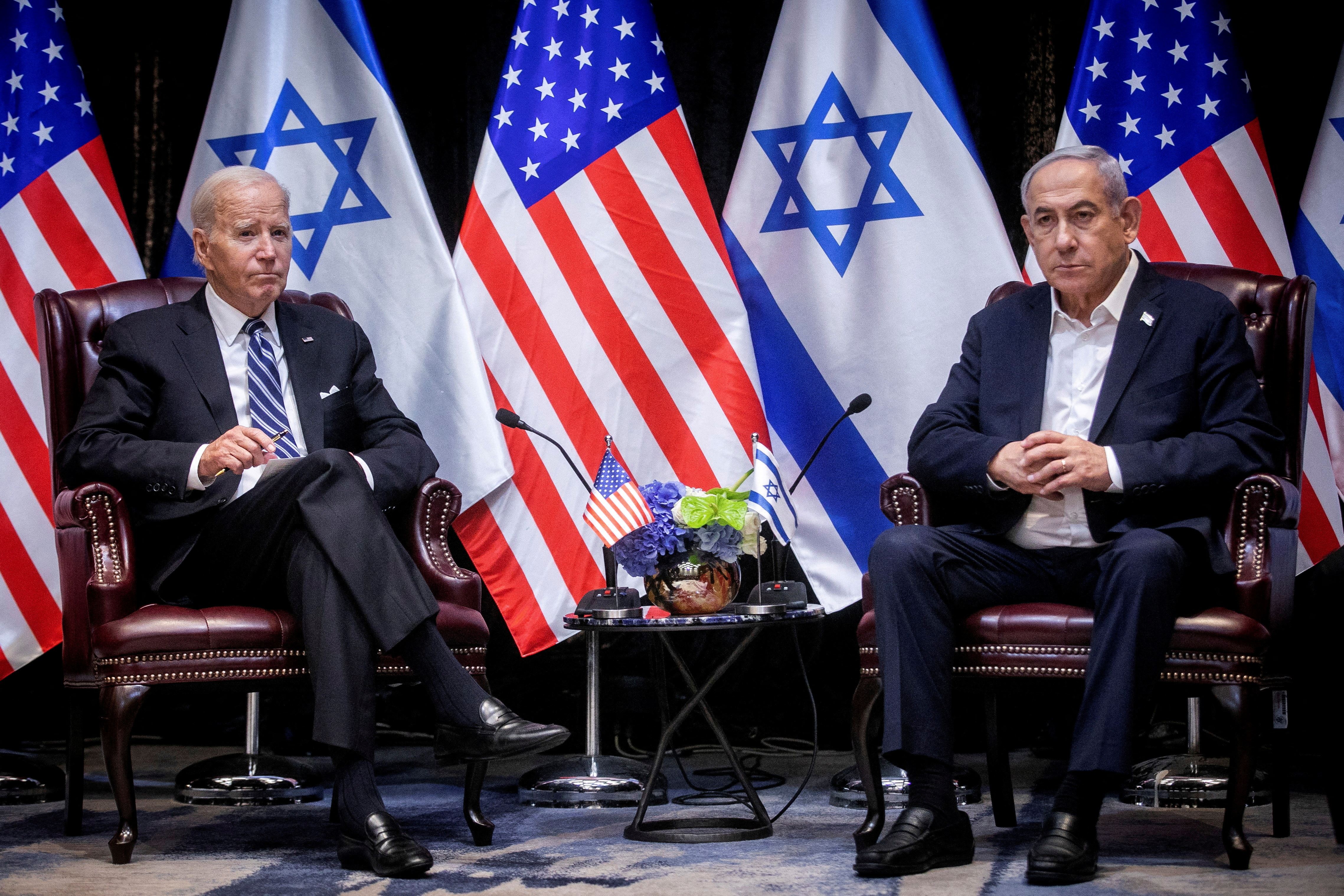 Foto: ABD Başkanı Joe Biden ve İsrail Başbakanı Benjamin Netanyahu İsrail ve Hamas arasındaki savaşı tartışmak üzere Tel Aviv, İsrail'de 18 Ekim 2023 Çarşamba günü yaptığı toplantı sırasında çekilen bir kare. Miriam Alster/Pool REUTERS 