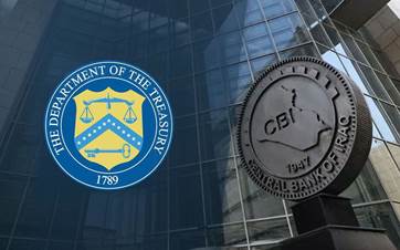 Logo of US Treasury Department and the Headquarters of the Central Bank of Iraq in Baghdad. Photo: AFP, Graphic: Rudaw