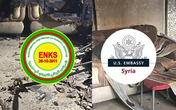 From left: logos of ENKS and US embassy in Syria, with background photo showing the aftermath of attacks on ENKS offices in Rojava on April 24, 2024.