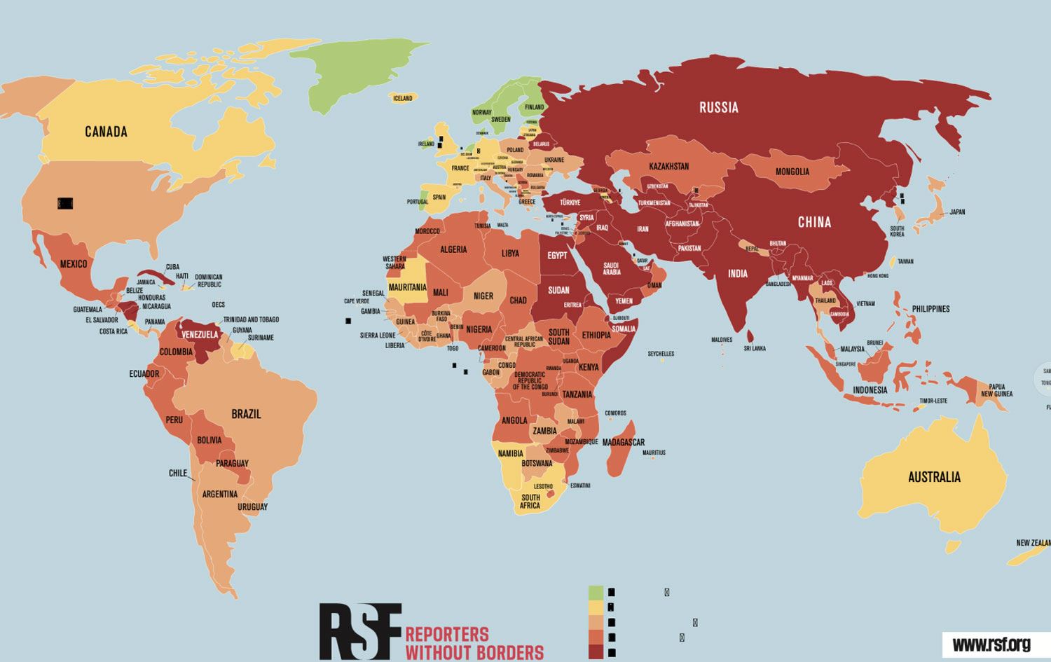 Nexşeya Îndeksa Azadiya Çapemeniyê ya Cîhanê ya sala 2024an /  RSF
