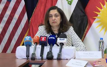 US Under Secretary of State for Civilian Security, Democracy, and Human Rights Uzra speaking to reporters in Erbil on May 10, 2024. Photo: Rudaw 