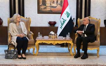 US Ambassador to Iraq Alina Romanowski (left) and Iraqi Foreign Minister Fuad Hussein (right) in a meeting in Baghdad on May 13, 2024. Photo: Rudaw