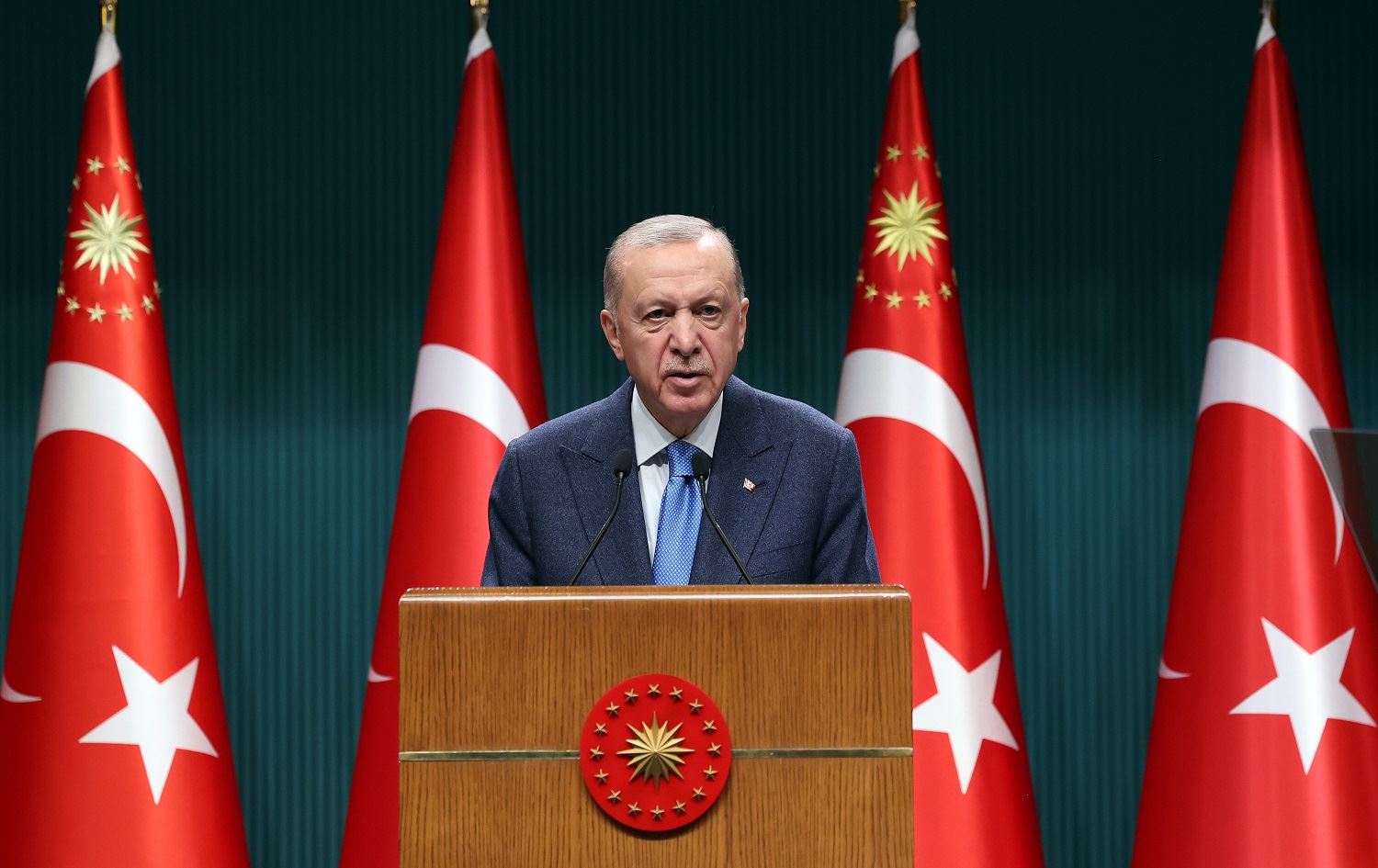 Erdogan piştî Civîna Kabîneyê ya li Kulliyeya Serokkomariyê daxuyanî da / Wêne: AA