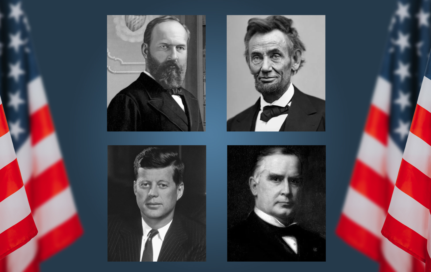 ئەو چوار سەرۆکەی ئەمریکا کە تیرۆر کراون؛ لە سەرەوە (لای راست) ئەبراهام لینکۆڵن و جەیمس گارفیڵد (لای چەپ). لە خوارەوە ولیام مککینلی (لای راست) و جۆن ئێف کەنەدی (لای چەپ)