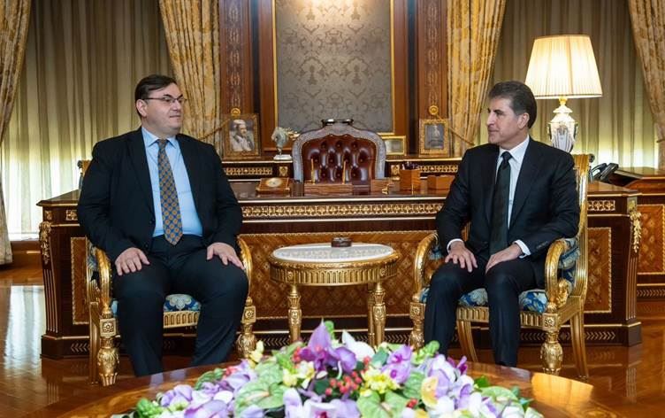 Balyozê Awisturyayê yê Îraqê Andrea Nasi û Nêçîrvan Barzanî/Wêne: Serokatiya Herêma Kurdistanê