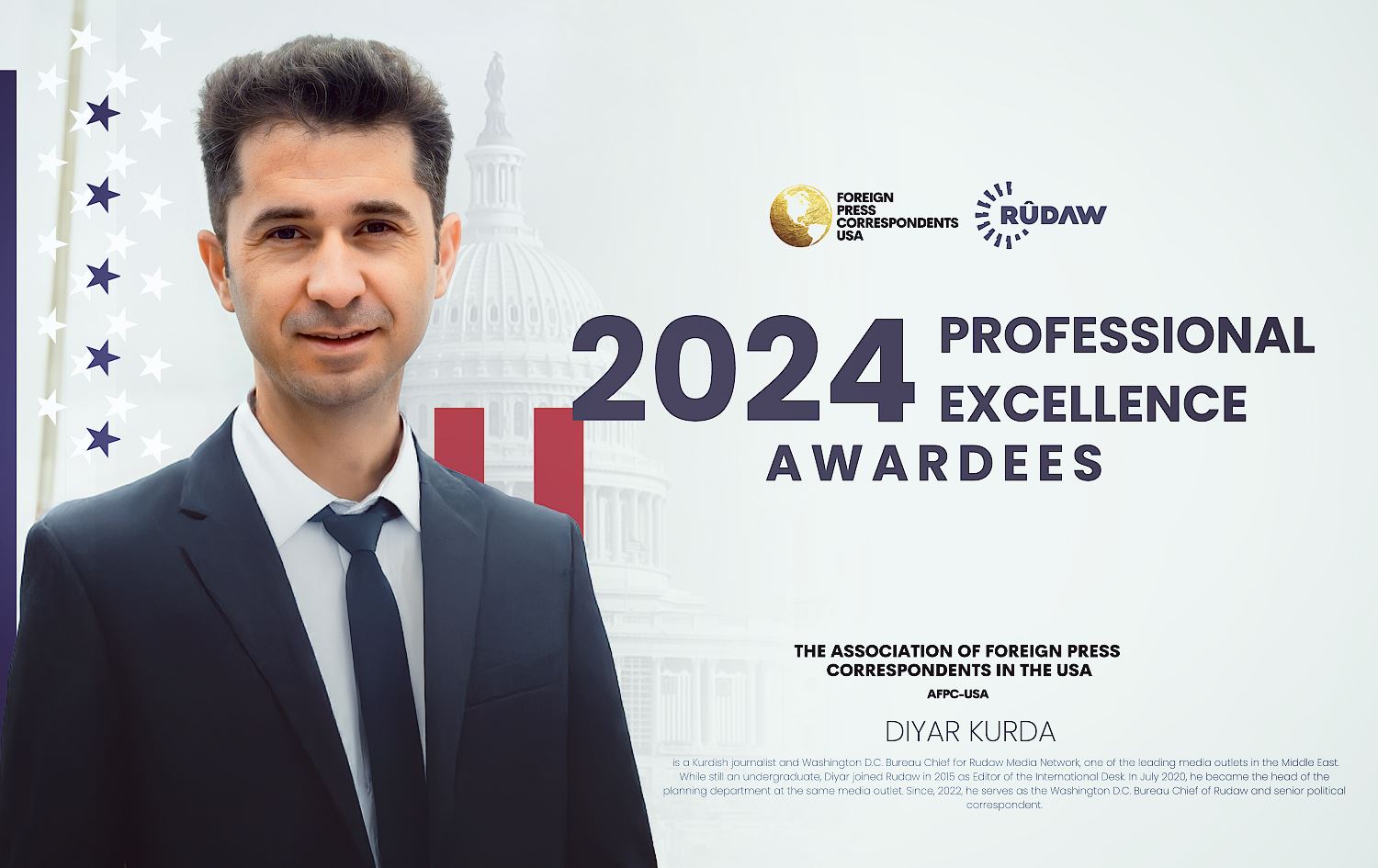 AFPC-USA nûçegihanê Rûdawê xelat dike / Wêne: Rûdaw Grafîk