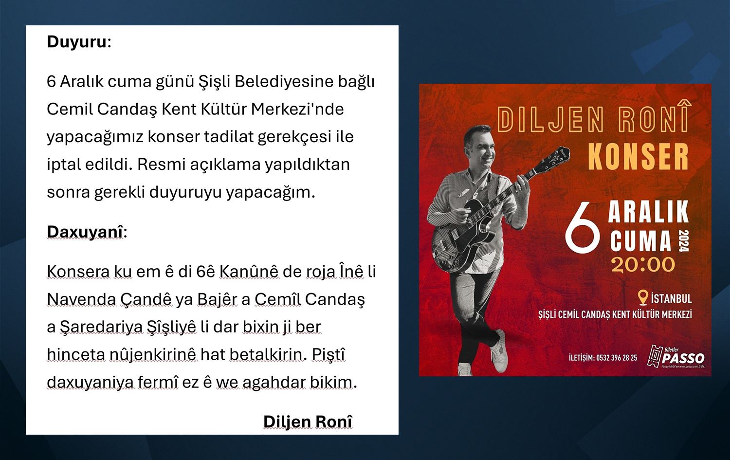 Afîşa konserê û daxuyaniya Diljen Ronî\ Wêne: Torên civakî