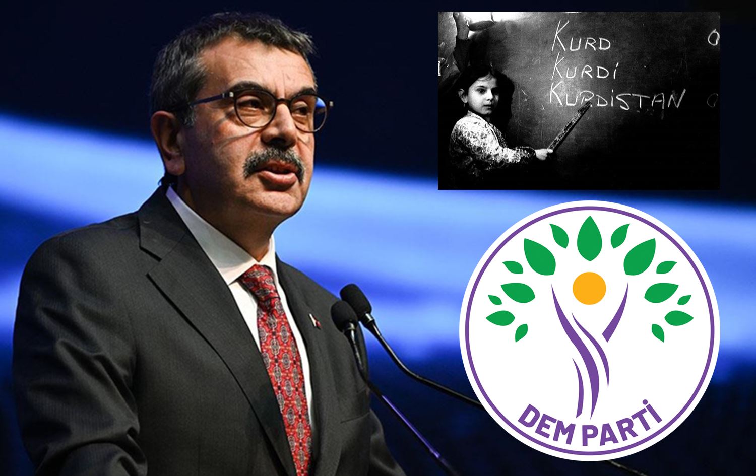 Yusuf Tekîn, logoya DEM Partiyê û wêneyê temsîlî yê Kurdî /Wêne: AA û torên civakî